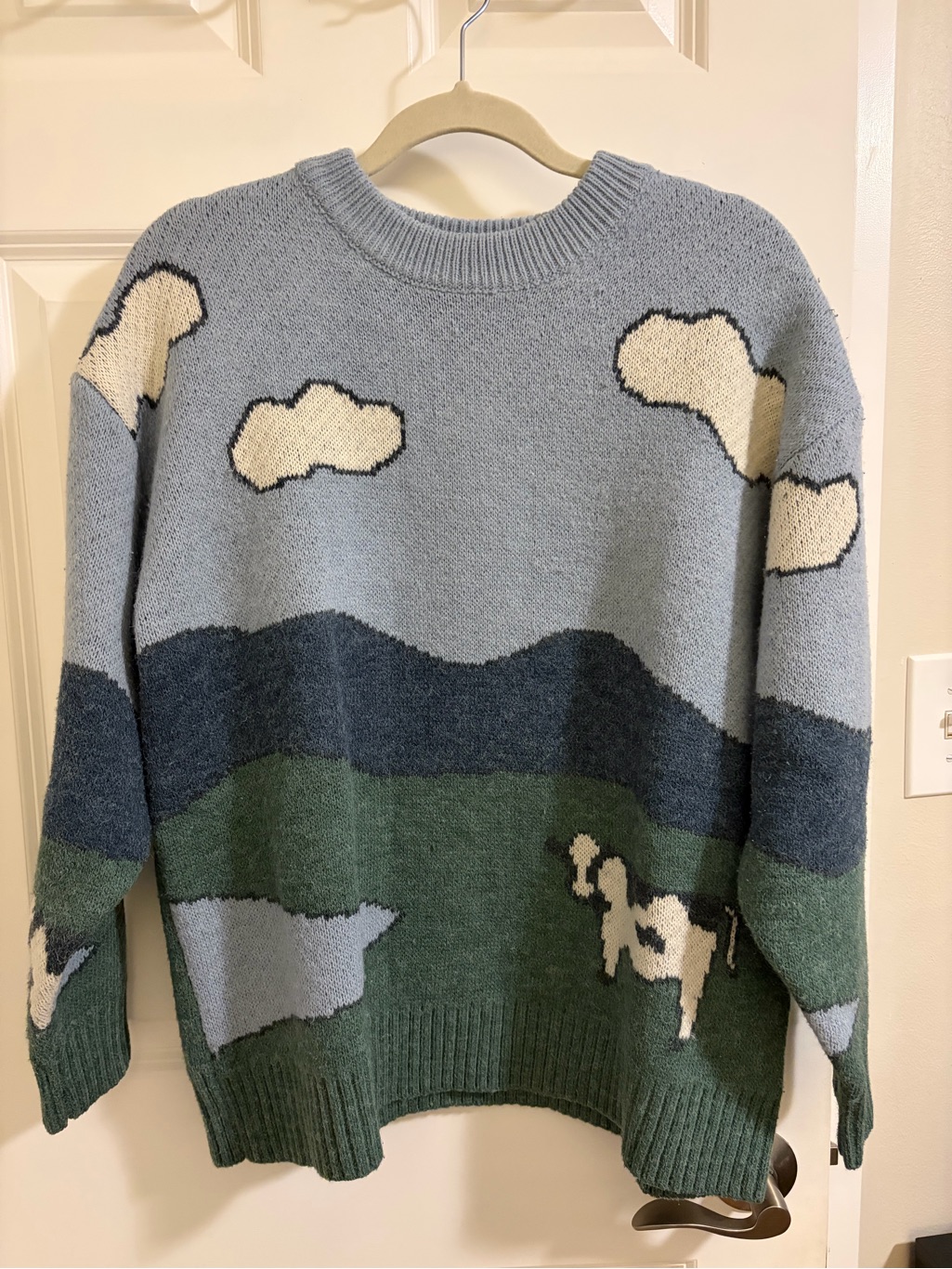 Scenic Cow & Cloud Knit Sweater In Light Blue And Green